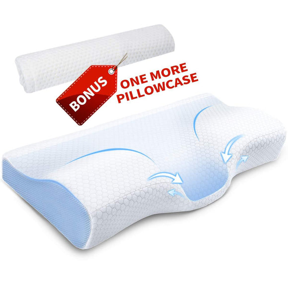 Winjoy Contour Memory Foam Pillow Orthopedic Sleeping Pillows, Ergonomic Cervical Pillow for Neck Pain - for Side Sleepers, Back and Stomach Sleepers, Free Pillowcase Included