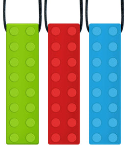 Panny & Mody Sensory Chew Necklace Pendant Chewlery Set for Boys and Girls(3 Pack), Silicone Chewy Brick for Kids with ADHD, Teething, Autism, Biting Needs (Red, Green, Blue)