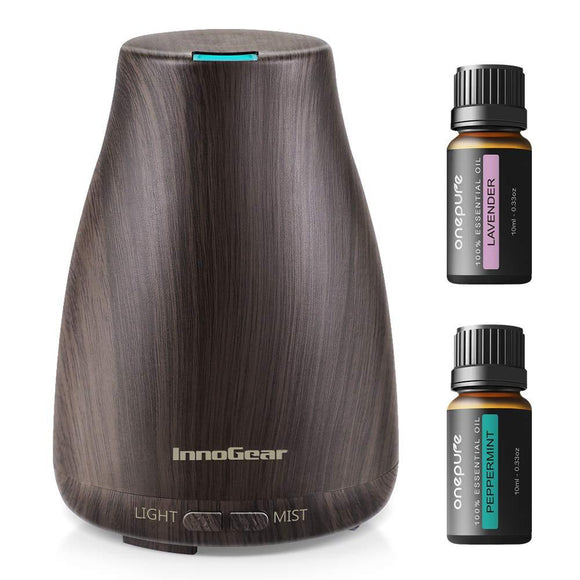 InnoGear Essential Oil Diffuser, 100ml Mini Wood Grain Aroma Diffuser Ultrasonic Humidifier with Essential Oil Gift Set, Lavender + Peppermint (10ml/Bottle), Auto Off Adjustable 7 LED Lights