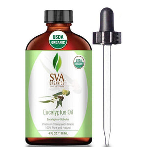 SVA Organics Eucalyptus Essential Oil Organic 4 Oz USDA with Dropper 100% Pure Natural Undiluted Premium Therapeutic Grade Oil for Diffuser, Aromatherapy, Face, Body & Hair Care