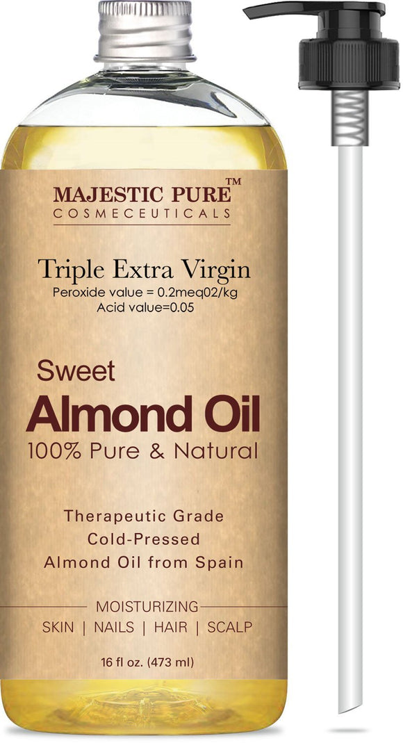 Majestic Pure Sweet Almond Oil, Super Triple A Grade Quality, Pure and Natural from Spain, Cold Pressed, 16 fl oz.