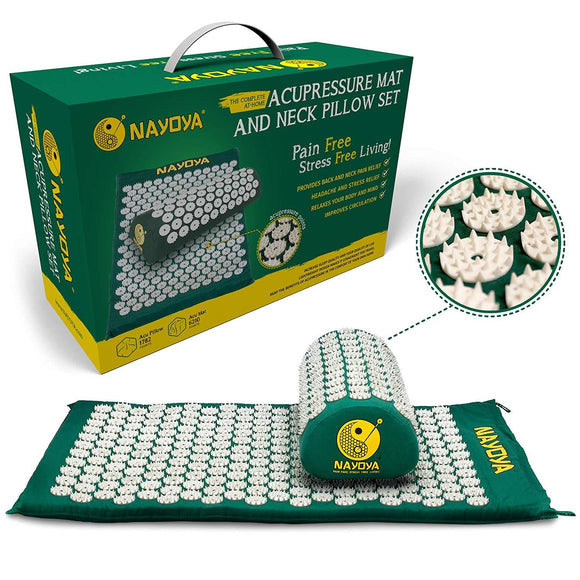 Nayoya Back and Neck Pain Relief - Acupressure Mat and Pillow Set - Relieves Stress, Back, Neck, and Sciatic Pain - Comes in a Carry Case for Storage and Travel - As Seen in USA Today